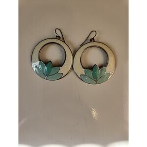 Vintage. White With Mint Lotus Enamel 1.5 Inch Circular Hanging Earrings